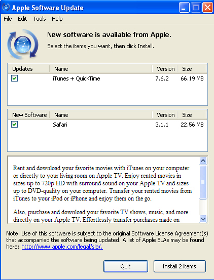 Safari on Apple Software Update